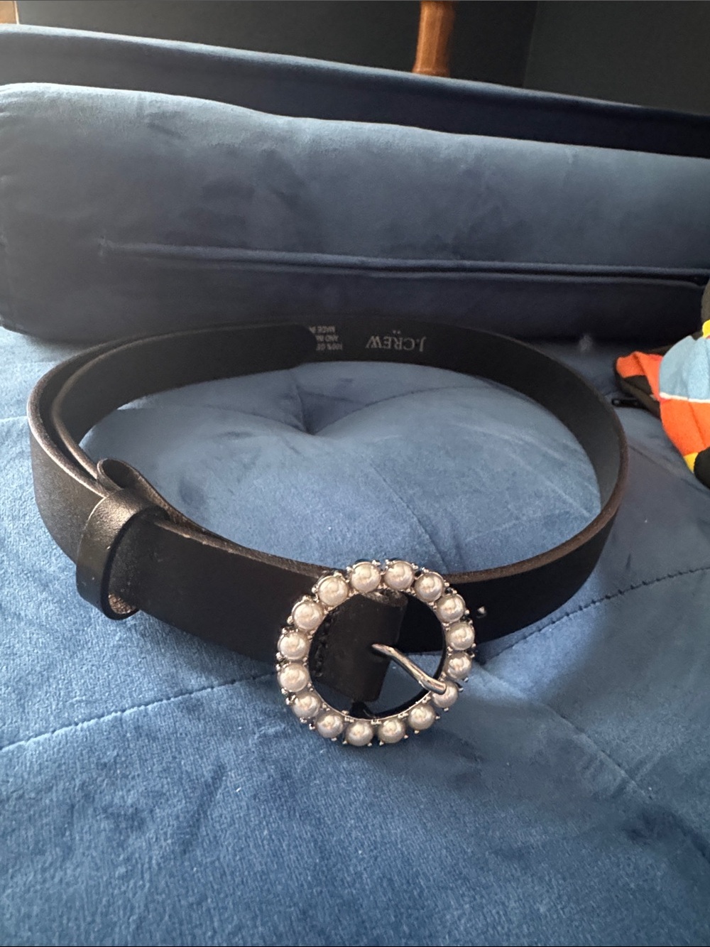 J. Crew Black Leather Belt with Pearl-Trim Round Buckle